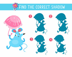 Find the correct shadow. Game for children. Activity, color vector illustration. Cute mouse with umbrella.