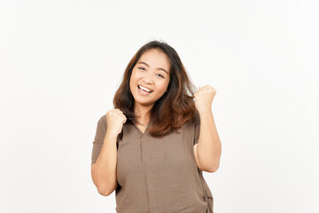 Yes and Celebration Gesture of Beautiful Asian Woman Isolated On White Background