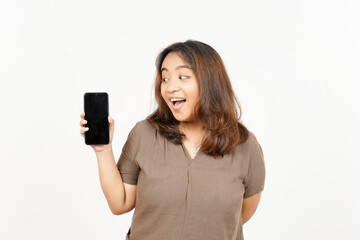 Fototapeta premium Showing Apps or Ads On Blank Screen Smartphone of Beautiful Asian Woman Isolated On White Background