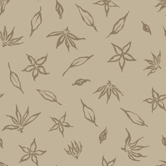 Fototapeta na wymiar Imprints of flowers and leaves. Hand drawn shapes. Brown vector seamless pattern. Vintage floral background for wrapping, fabric, scrapbooking or wallpaper.