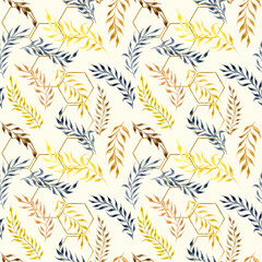 Watercolor seamless background honeycomb with branches