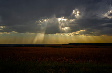 Obraz na płótnie Canvas The rays of the sun break through the thunderclouds.