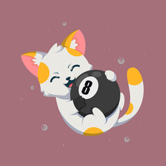 Cute cat playing with billiard ball cartoon vector icon illustration. Animal Mascot concept illustration. Flat cartoon style