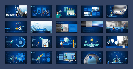 Business presentation, powerpoint, launch of a new business project. Infographic design template, blue elements, blue background, set. A team of people creates a business, teamwork. Mobile app, web
 - obrazy, fototapety, plakaty
