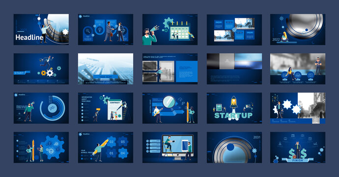 Business presentation, powerpoint, launch of a new business project. Infographic design template, blue elements, blue background, set. A team of people creates a business, teamwork. Mobile app, web
