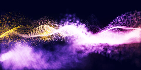 Abstract colorful digital particles wave with bokeh and light background, 3d render wave line dot background, line wave light glowing effect particular background.