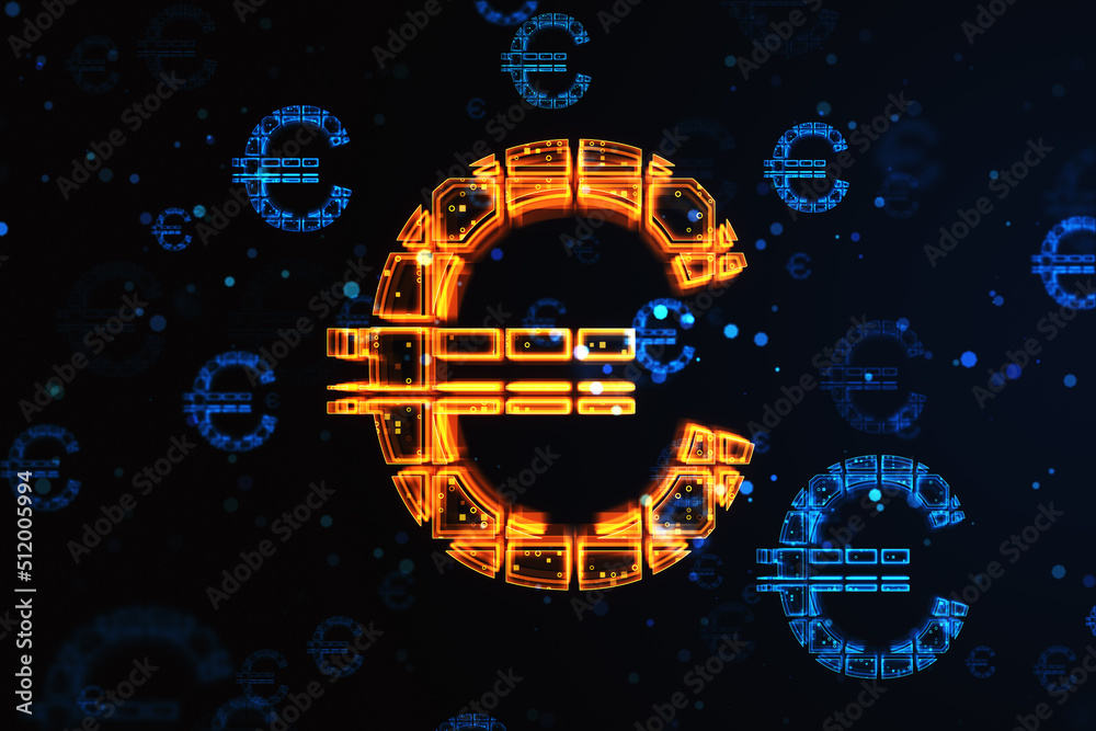 Poster currency exchange and money concept with orange glowing digital euro symbol on abstract dark technol