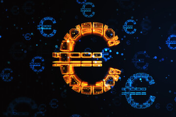 Currency exchange and money concept with orange glowing digital euro symbol on abstract dark technological background. 3D rendering
