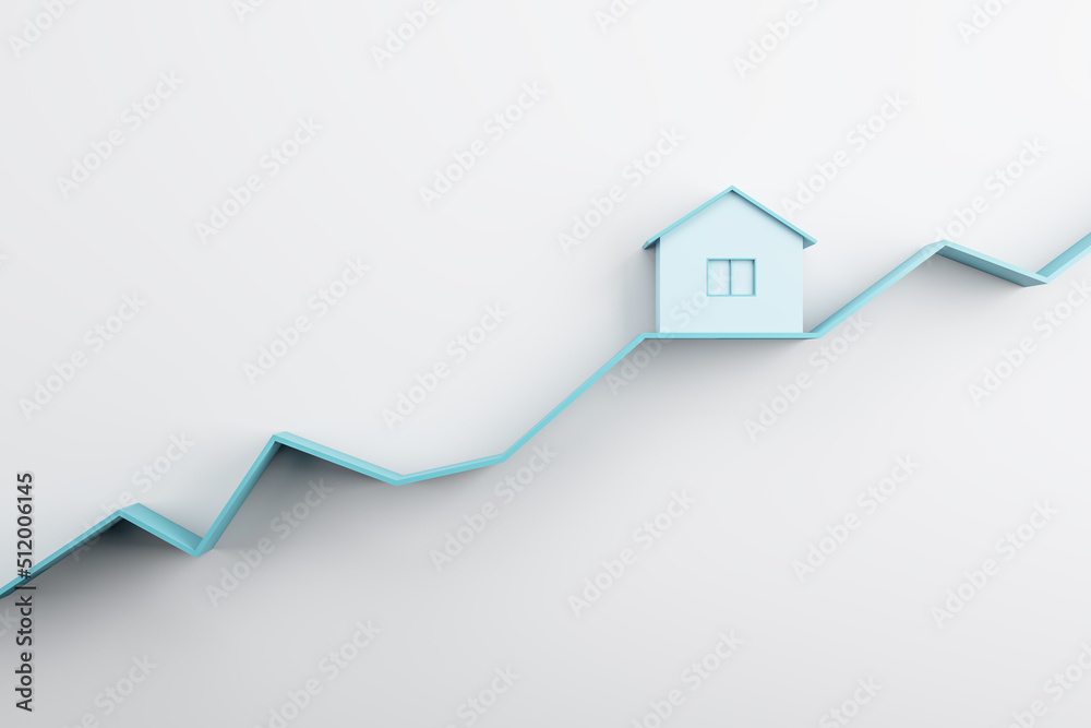 Aufkleber Abstract house on blue chart line and white wall background with mock up place. Property investment concept. 3D Rendering.