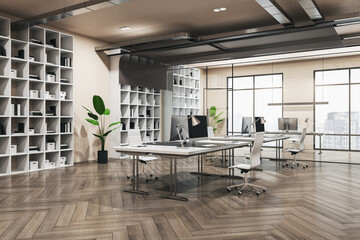 Cozy work places in spacious eco interior design office with modern computers on white tables, huge office cabinet on background, parquet floor and city view from windows. 3D rendering