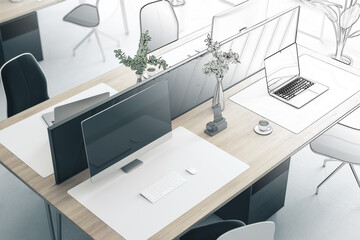 Close up and top view of creative wooden designer workplace sketch with computer screen, partition, coffee cup, decorative plant and supplies. 3D Rendering.