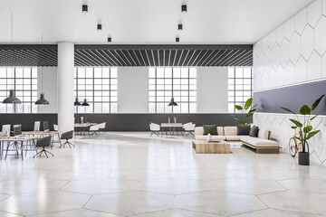 Fototapeta na wymiar Side view on spacious monochrome style coworking office with big lattice windows, glossy floor, cozy work places, bicycle and lounge sofa. 3D rendering