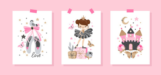 Set postcards. Cute ballerina on the background of stars, clouds and hearts. Vector illustration in a simple style.

