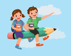 Happy little school kids boy and girl with backpack holding books riding flying pencil go to school