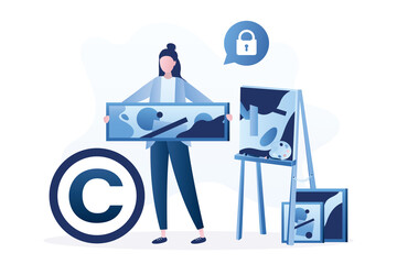 Female artist holds artworks. Intellectual property. Creative woman near easel. Copyright reserved or product trademark that cannot copy. Patent and licenses protect artistic paintings.