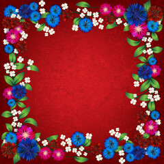 floral ornament width cornflowers on red background - 512006983