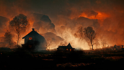 Small farm house with wildfires, fire ignited by drought  destroying wild life and ecosystem and crops, burning forest, climate change concept  background 3d rendering - obrazy, fototapety, plakaty