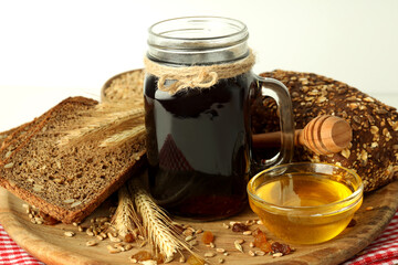 Concept of fresh drink, kvass, close up