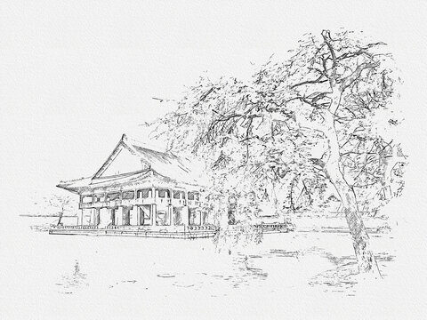 cultural heritage 
royal palace Seoul south Korea K-pop BTS performed place cherry blossom sketch 
