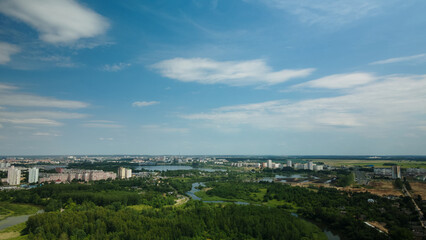 Obraz premium Flight over the city park. You can see park buildings. Aerial photography.