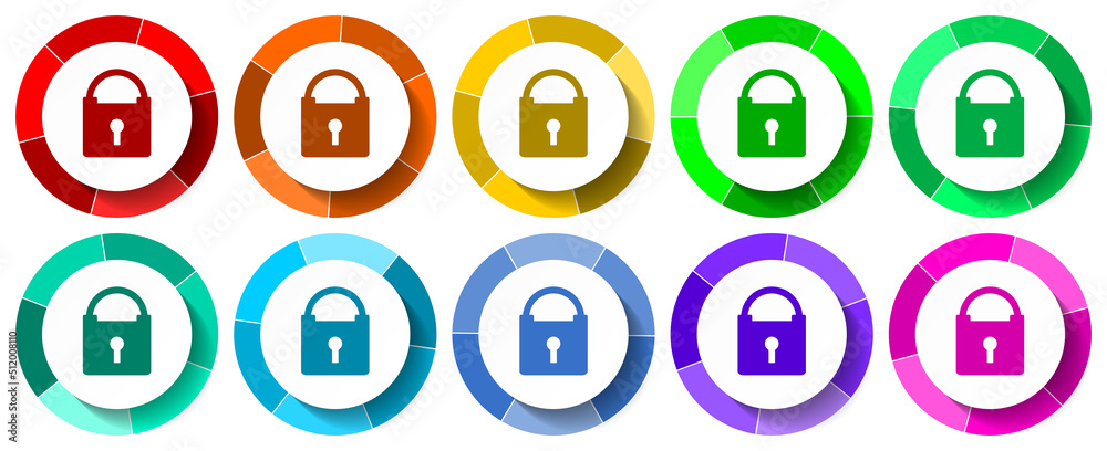 Poster padlock icon set, safety flat design vector illustration in 10 colors options for mobile application