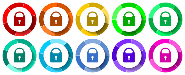 Padlock icon set, safety flat design vector illustration in 10 colors options for mobile applications and webdesign