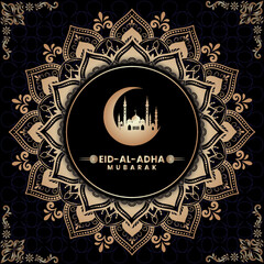 Eid al adha mubarak with golden mandala vector illustration 