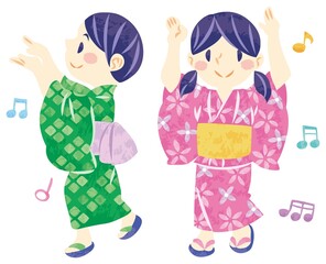 夏祭り　浴衣で盆踊りする子ども達