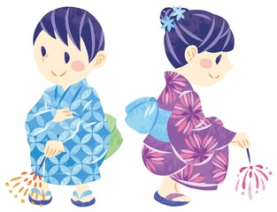 夏祭り　浴衣で花火をする子ども達