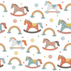 A children's pattern with a wooden horse in the boho style. Color vector illustration
