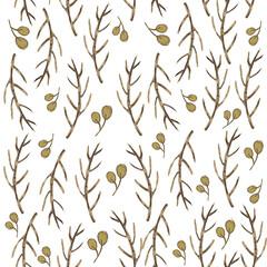 Seamless Pattern with Branches and Leaves on White Background. Watercolor Hand drawn Illustration for Textile, Wrapping paper, Fabric, backgrounds