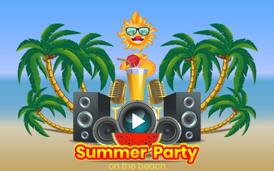 Summer music party, summer holiday illustration with speakers, smiling sun, palm tree and watermelon vector illustration