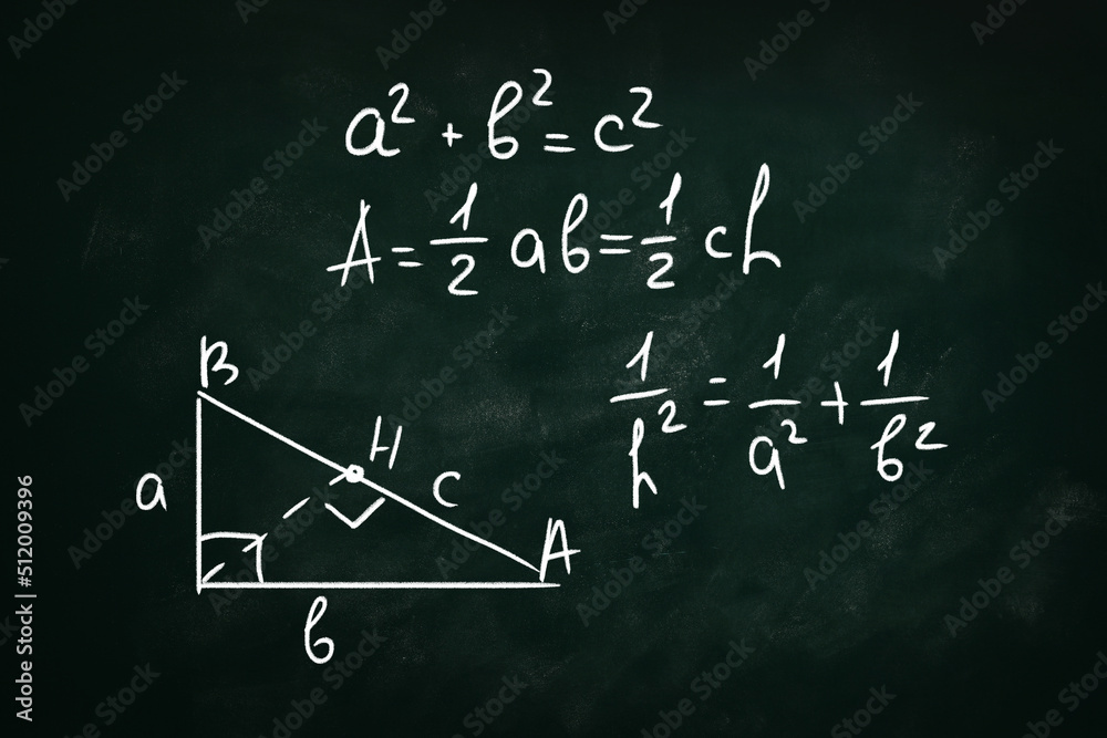 Wall mural basic triangle area formulas and pythagorean theorem written on chalkboard