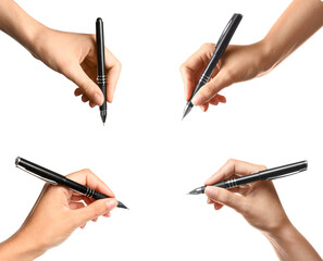 Collage with photos of young women holding pens on white background