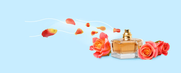 Perfume bottle with floral scent on light blue background, banner design