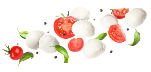 Mozzarella cheese balls, tomatoes, basil leaves and peppercorns for caprese salad flying on white background. Banner design