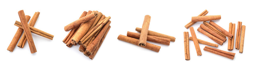 Set with aromatic cinnamon sticks on white background. Banner design
