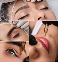 Collage with different photos of women undergoing permanent makeup procedures - obrazy, fototapety, plakaty
