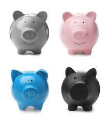 Set with different piggy banks on white background. Money saving
