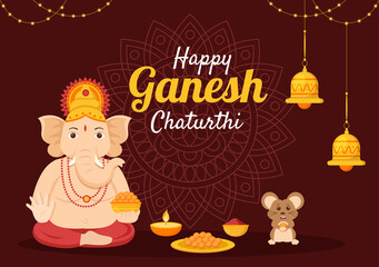 Happy Ganesh Chaturthi of Festival in India to Celebrate his Arrival to Earth in Flat Style Background Vector Illustration