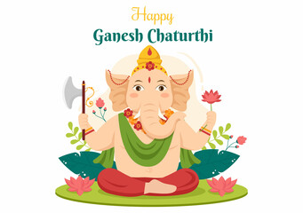 Happy Ganesh Chaturthi of Festival in India to Celebrate his Arrival to Earth in Flat Style Background Vector Illustration
