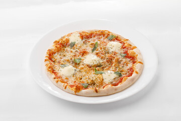 Cheese and mozzarella pizza on a white background