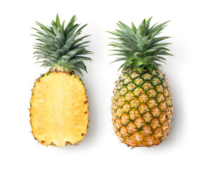 Flat lay of Pineapple with cut in half isolated on white background.