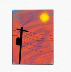 cross in the sky black pole and black wires with beautiful orange sky and sun