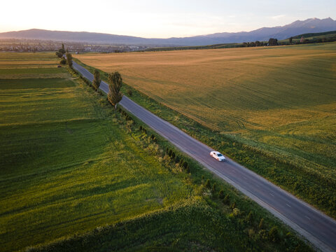 Car on road in the summer time nature from air . View from a drone. Aerial view.
