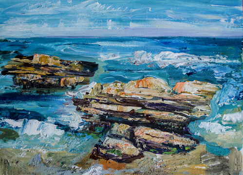 Acrylic painting seascape, horizon, sand stones.