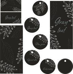 Set of templates for packaging, tags, flyers, cards. Pattern of contours of gray leaves on a dark brown background.Print