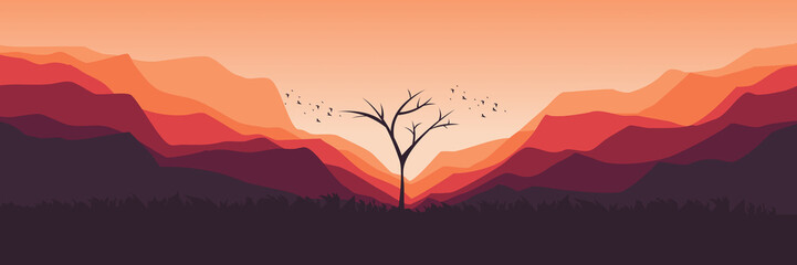 Fototapeta dead tree silhouette in mountain landscape flat design vector illustration good for wallpaper, background, backdrop, banner, web, and design template obraz