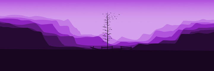 dead tree silhouette in mountain landscape flat design vector illustration good for wallpaper, background, backdrop, banner, web, and design template