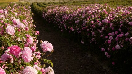 Rose Plantation landscape. Rose petals harvest for rose oil production